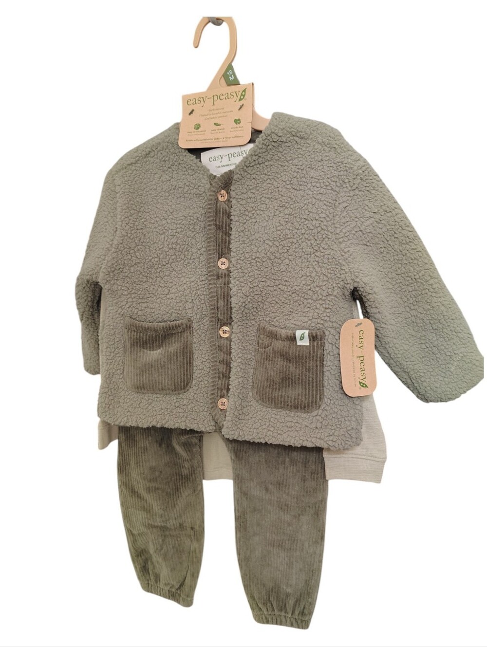 easy-peasy Organic Cotton Olive Green Sherpa Jacket & Corduroy Pants 3 Piece Set
